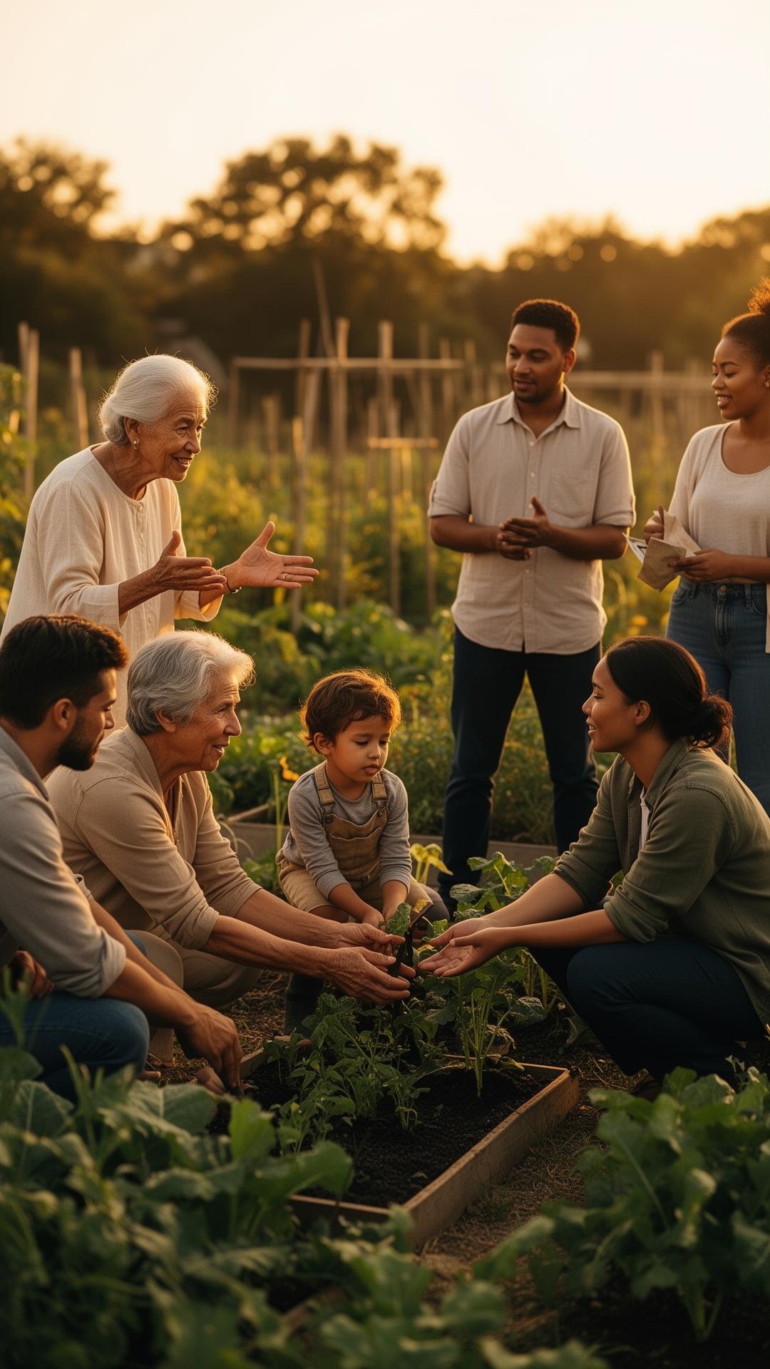 Multigenerational community gathering in a garden at golden hour — stewardship and giving back